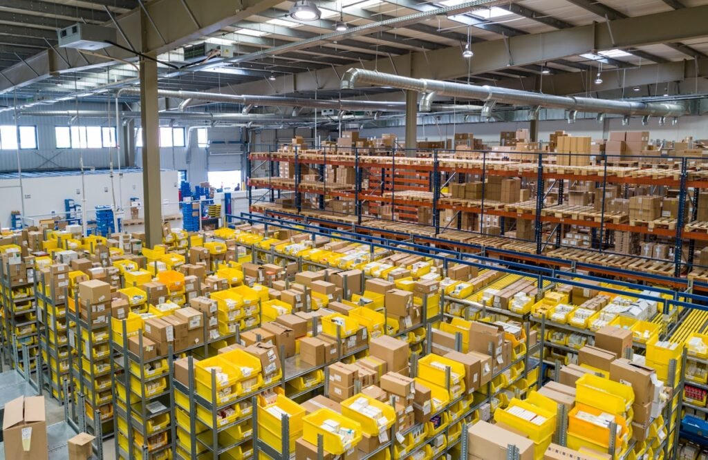 Warehouse racking full of stock, showing working capital tied up in inventory